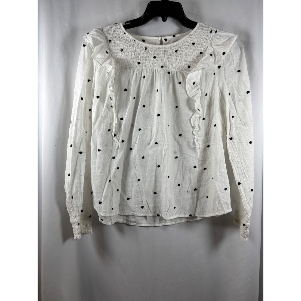 LOFT Petites White Heart Ruffle Smocked Blouse Long Sleeve Top LP Cotton